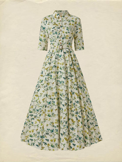 Robe longue en lin, Manches courtes, Col châle, Imprimé floral, Boutonnée, Vintage, Beige