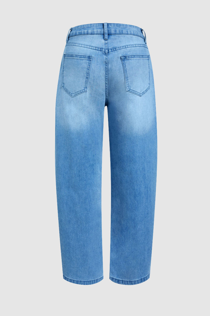 Wash Contrast Stitch Patch Pocket Mid Rise Barrel Leg Crop Jeans Without Belt