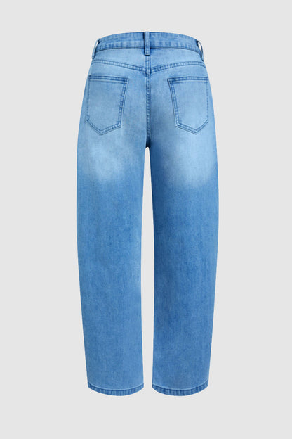 Wash Contrast Stitch Patch Pocket Mid Rise Barrel Leg Crop Jeans Without Belt