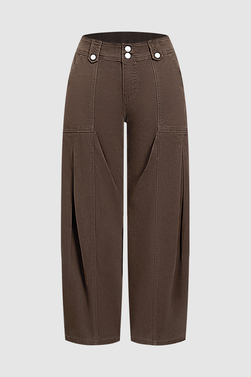 Solid Seam Front Pleated Elastic Back Mid Waist Wide Leg Pants