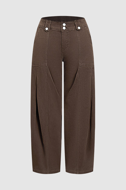 Solid Seam Front Pleated Elastic Back Mid Waist Wide Leg Pants