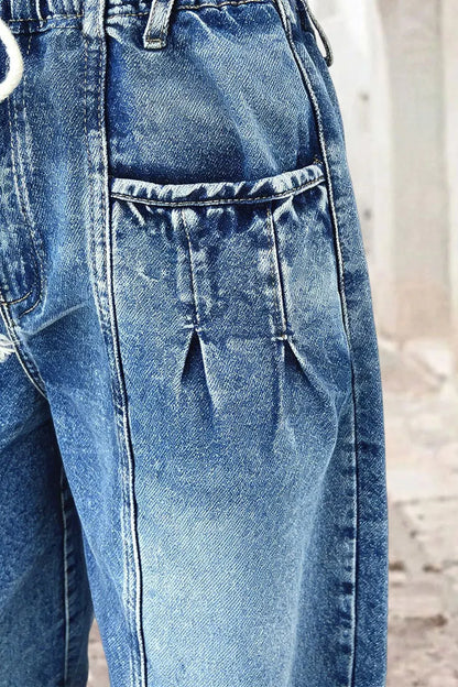 Pleated Drawstring High Waist Barrel Leg Capri Jeans