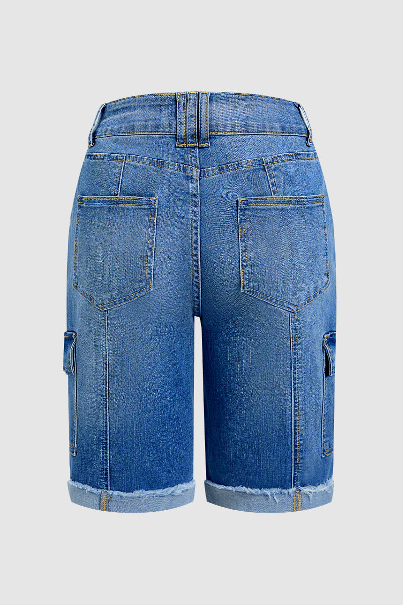 Raw Hem Stitch Detail Mid Waist Denim Cargo Bermuda Shorts