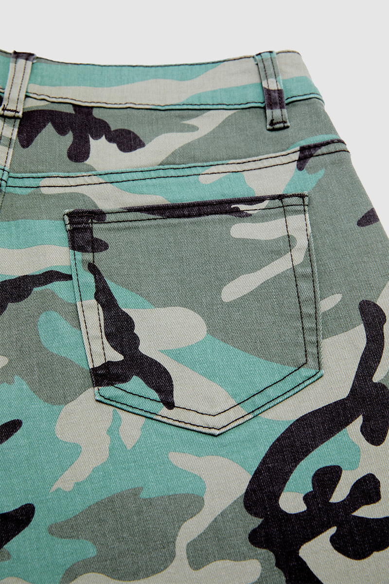 Camo Pattern Split Mid Waist Wide Leg Crop Pants Without Belt