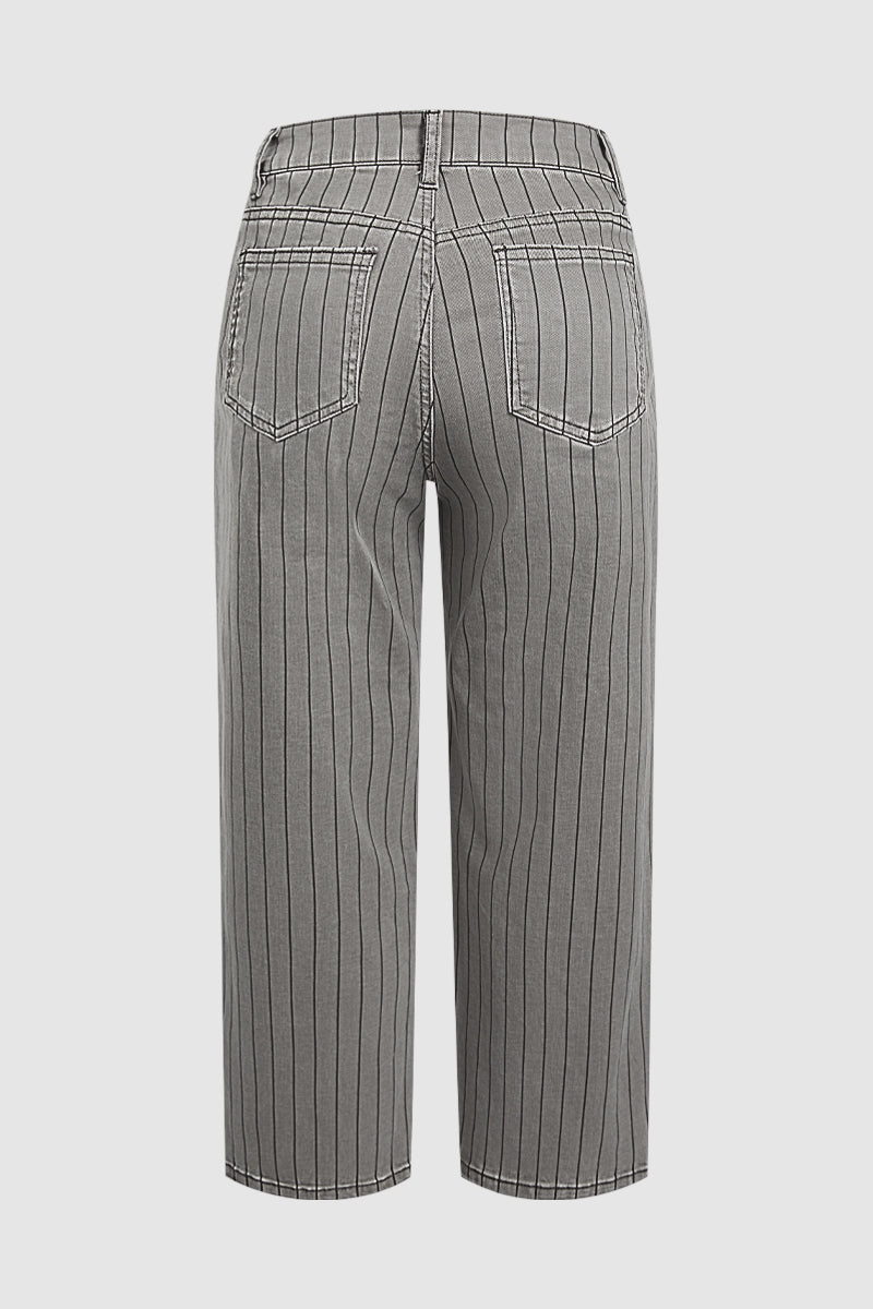 Striped Patch Pocket Mid Waist Wide Leg Cropped Pants Without Belt