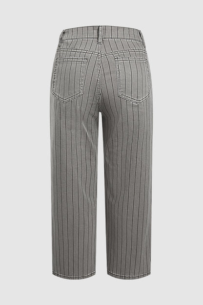 Striped Patch Pocket Mid Waist Wide Leg Cropped Pants Without Belt
