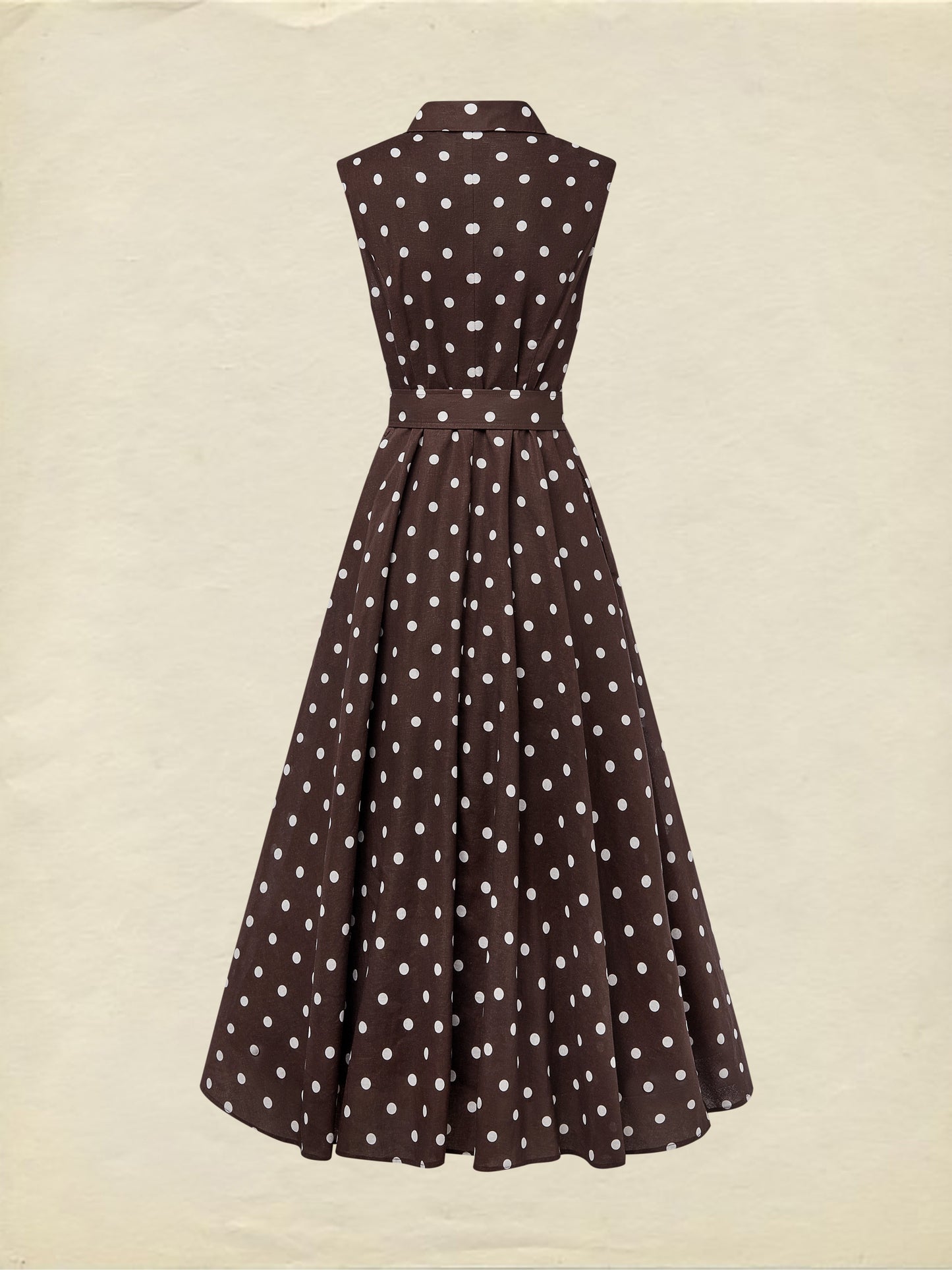 Robe midi en coton, sans manches, col châle, à pois, boutonnée, style vintage français, couleur café
