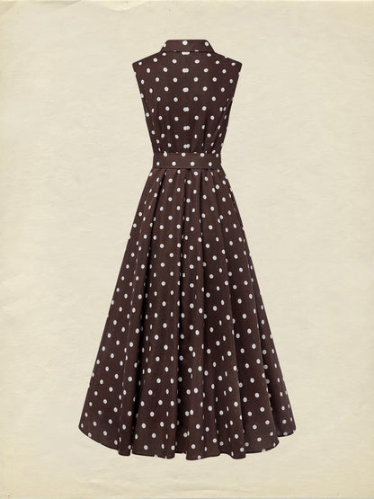 Robe midi en coton, sans manches, col châle, à pois, boutonnée, style vintage français, bleu violacé