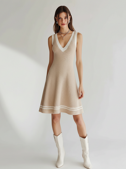 Chic Elegant Camel V-Neck Sleeveless Contrast Trim Tailored Waist A-Line Knit Mini Dress