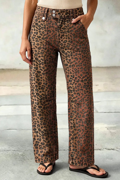 Leopard Print Patch Pocket High Waist Straight Leg Pants