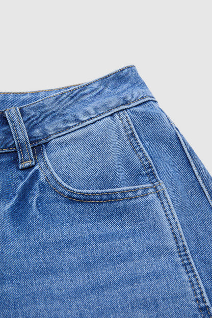 Wash Seam Front Roll Raw Hem Mid Rise Straight Leg Crop Jeans Without Belt