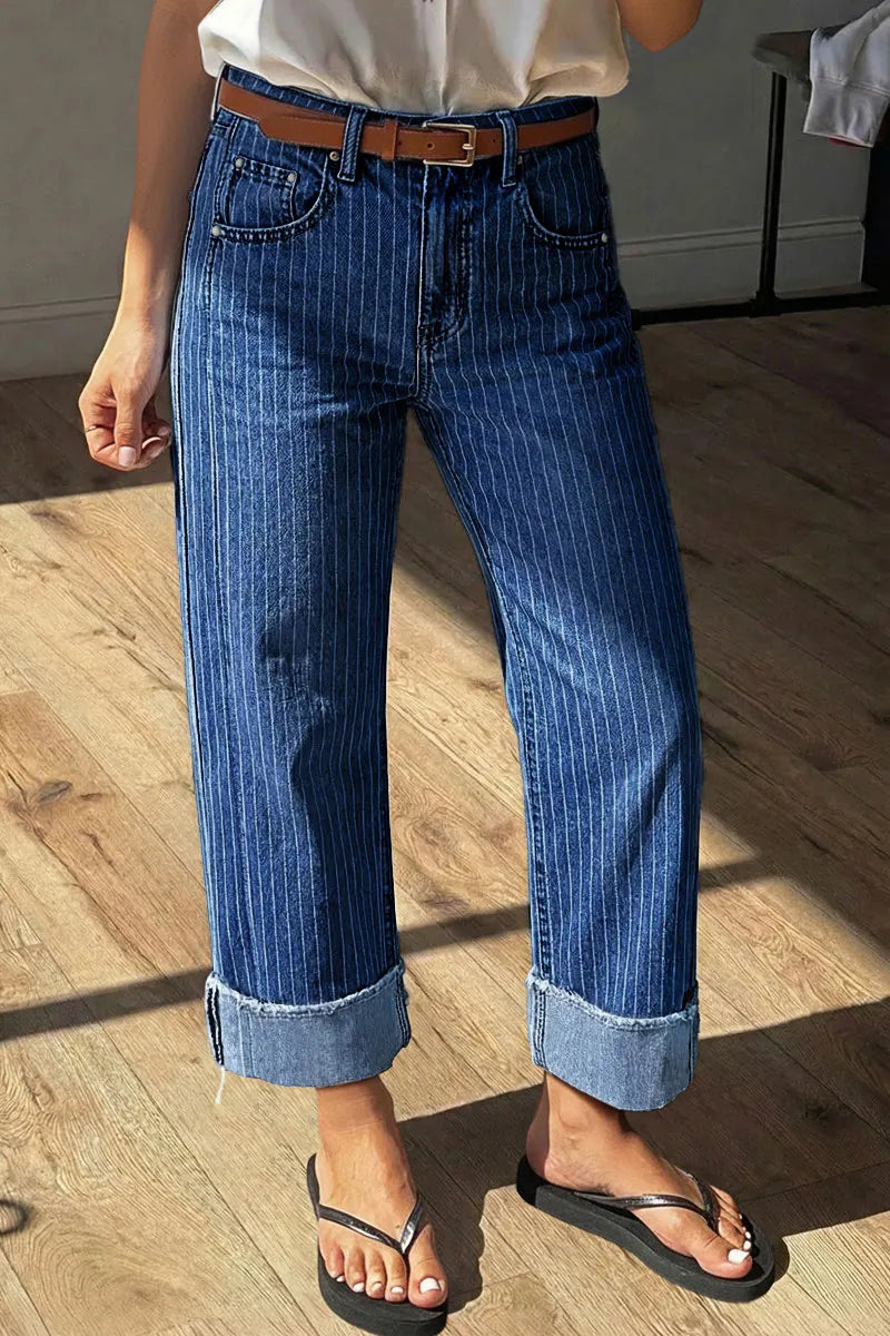 Striped Roll Hem Seam Front Mid Rise Straight Leg Crop Jeans Without Belt