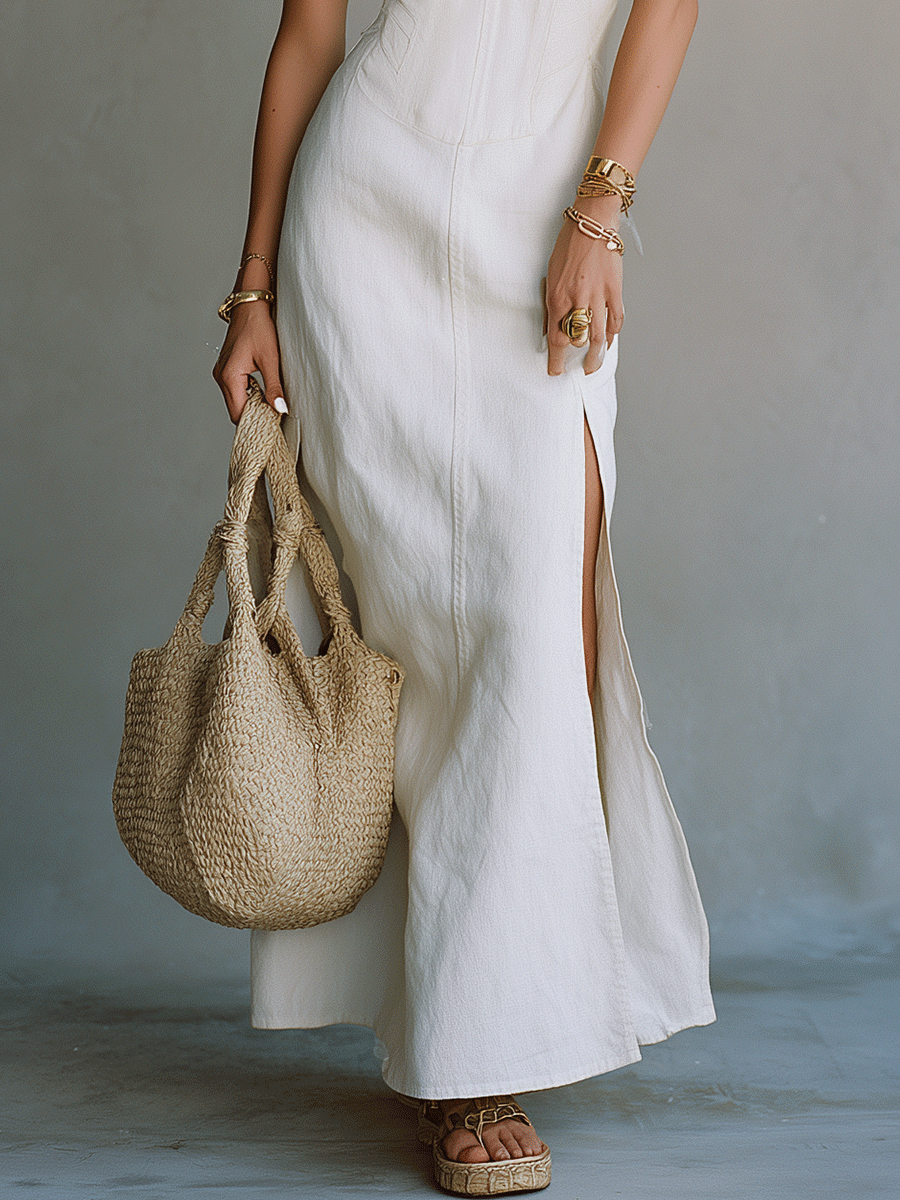Robe longue élégante blanche minimaliste à fines bretelles et à fente