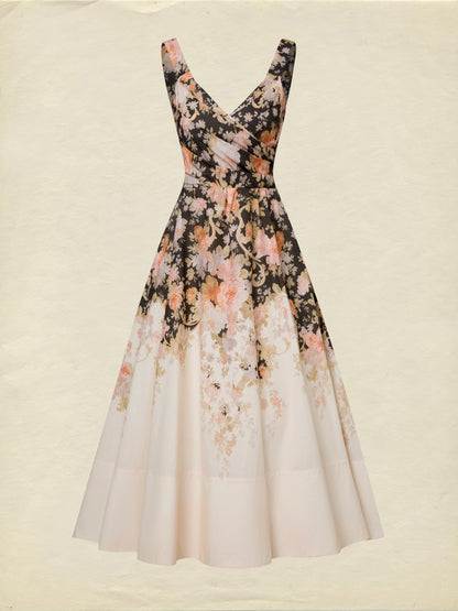 Robe midi en coton, sans manches, encolure en cœur, florale, à bretelles, vacances, vintage, abricot