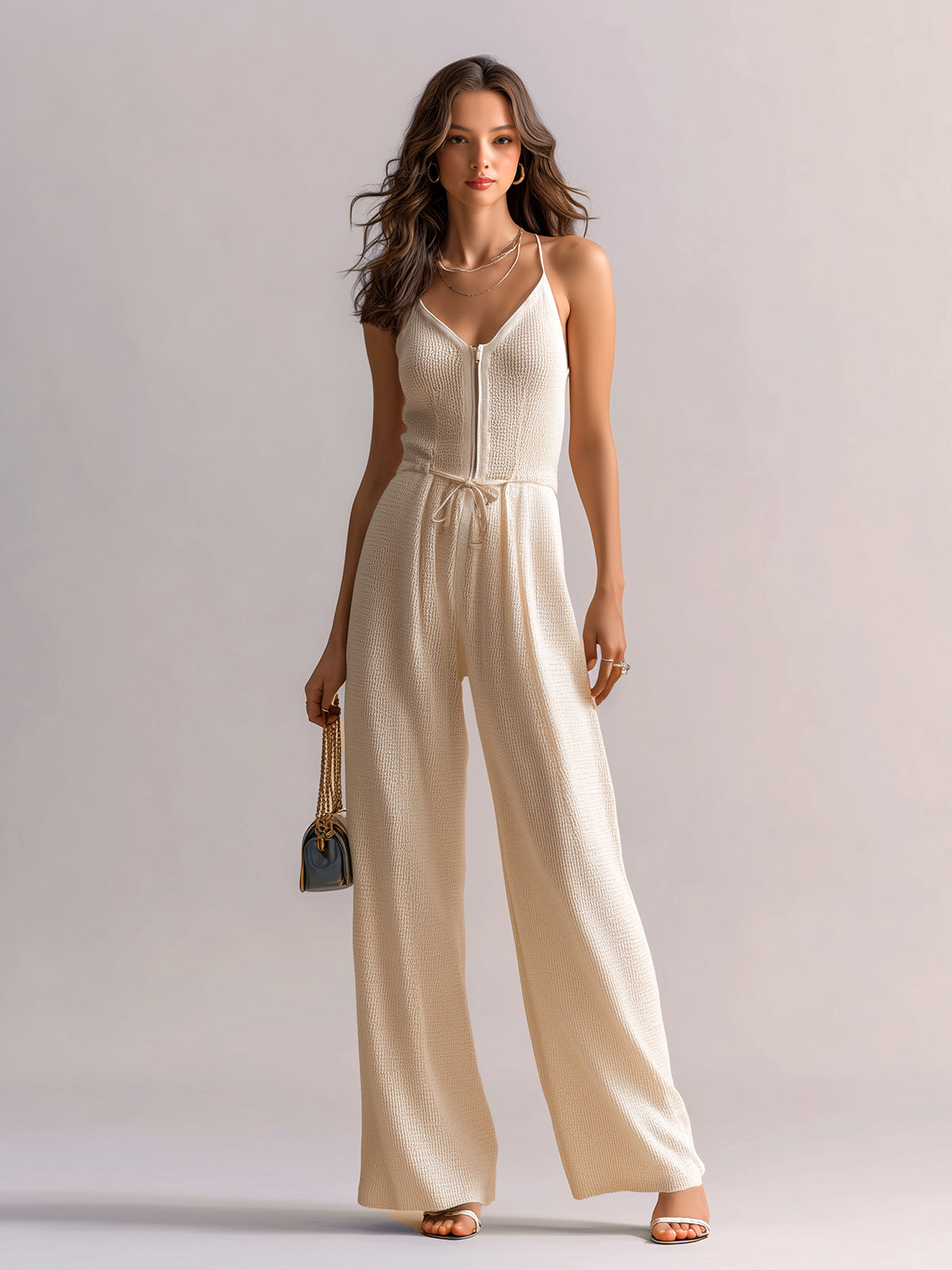 Chic Elegant Beige V-Neck Zipper-Front Sleeveless Cami Drawstring Waist Wide-Leg Knit Jumpsuit
