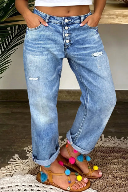 Wash Ripped Roll Hem Button Fly Mid Rise Straight Leg Crop Jeans