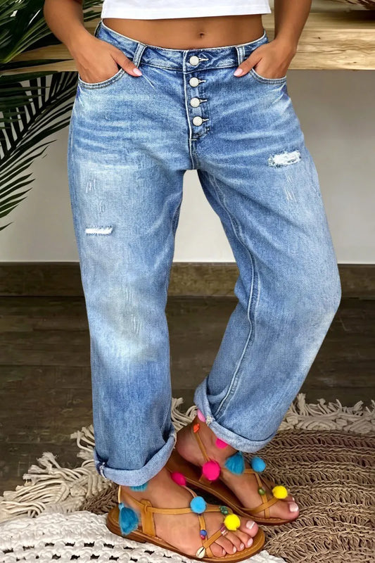 Wash Ripped Roll Hem Button Fly Mid Rise Straight Leg Crop Jeans