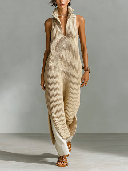 Chic Elegant Beige Stand Collar V-Neck Sleeveless Loose-Fit Side-Slit Ribbed Knit Maxi Dress
