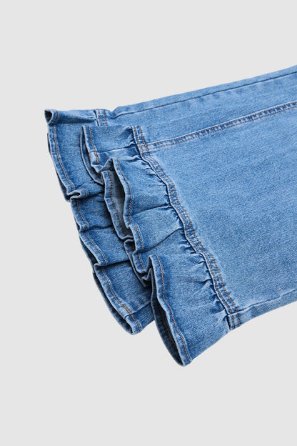 Wash Ruffle Hem High Waist Wide Leg Crop Jeans Without Belt