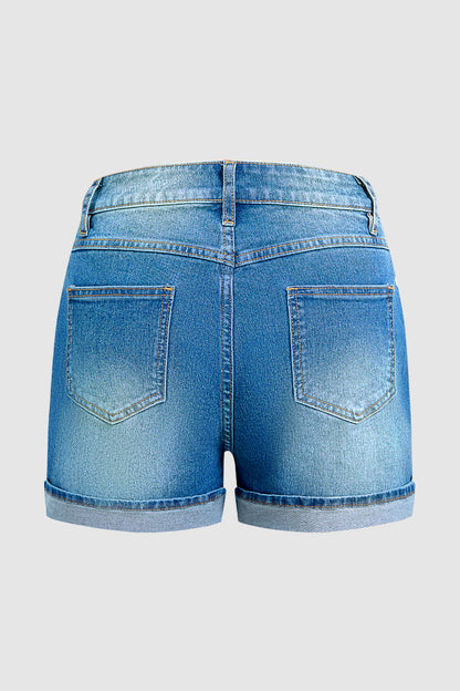 Wash Roll Hem Patch Pocket High Rise Denim Shorts