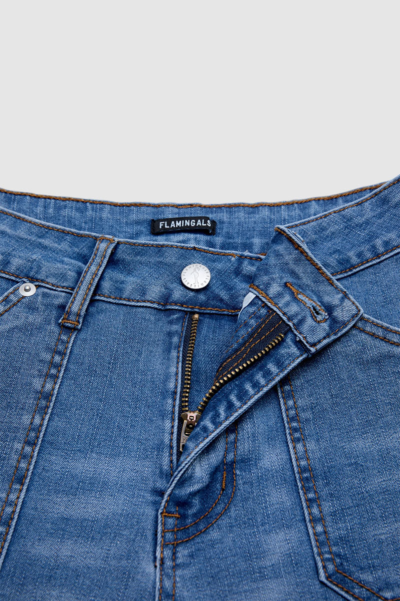 Wash Raw Hem Flap Pocket Mid Waist Denim Bermuda Shorts Without Belt