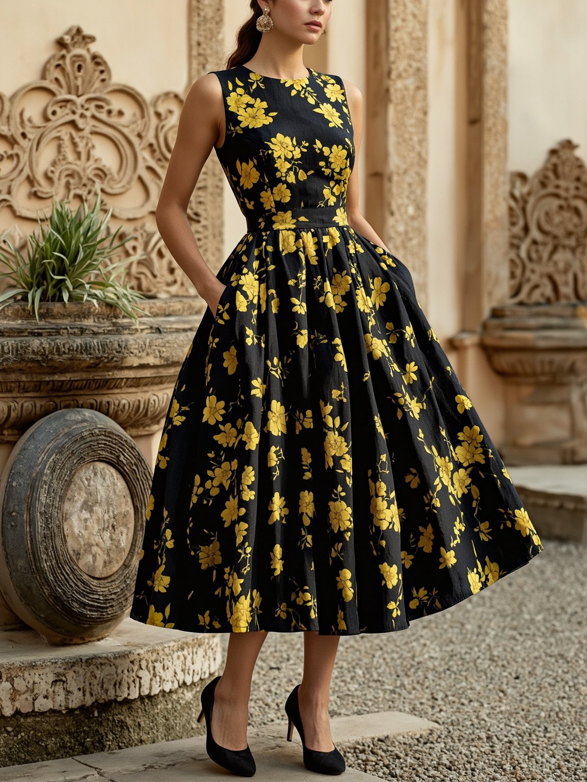 Robe mi-longue en lin, sans manches, col rond, motifs floraux, poches, style vintage, noire