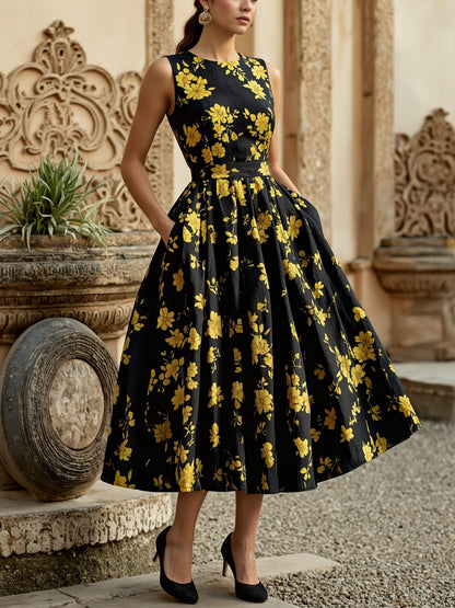 Robe mi-longue en lin, sans manches, col rond, motifs floraux, poches, style vintage, noire