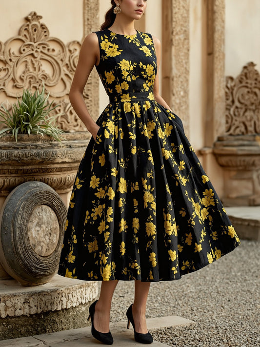 Robe mi-longue en lin, sans manches, col rond, motifs floraux, poches, style vintage, noire
