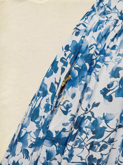 Robe Midi en Lin, Sans Manches, Col Rond, Imprimé Floral, Vacances, Style Vintage, Bleue