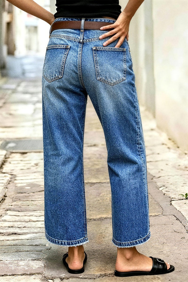 Wash Raw Hem Split Mid Waist Wide Leg Cropped Jeans Without Belt