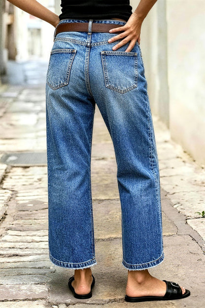 Wash Raw Hem Split Mid Waist Wide Leg Cropped Jeans Without Belt