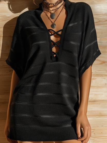 Chic Vintage Black Stripes Lace-Up Deep V-Neck Short-Sleeve Loose-Fit Knit Mini Dress