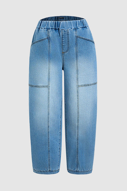 Wash Seam Elastic Mid Rise Wide Leg Crop Barrel Jeans