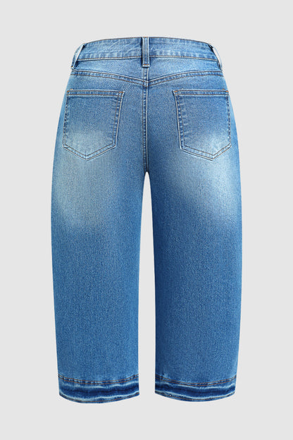 Wash Button Decor Mid Waist Barrel Leg Capri Jeans