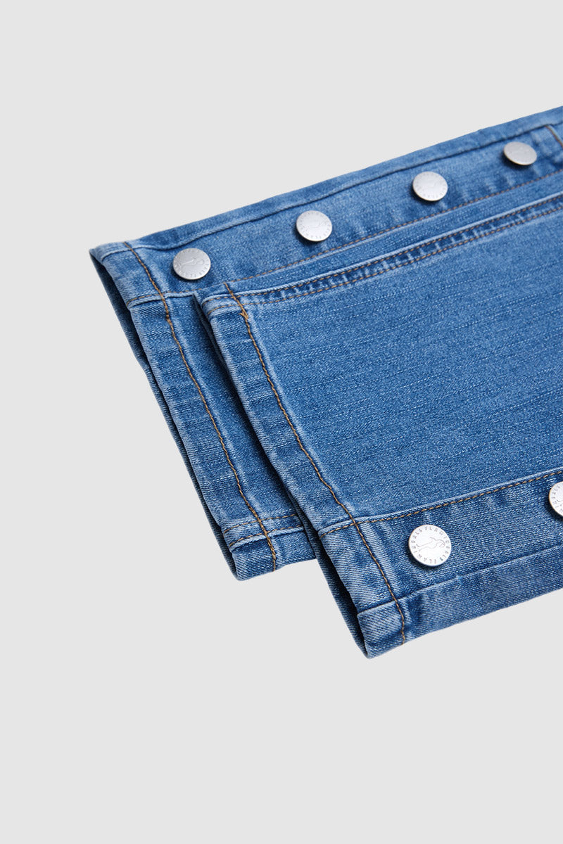 Wash Button Detail High Waist Straight Leg Cropped Jeans