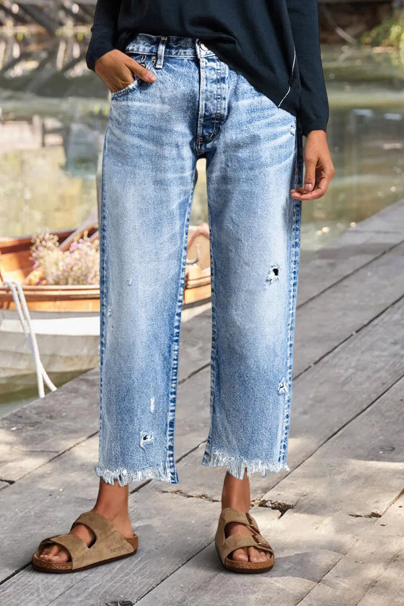 Wash Raw Hem Ripped Mid Rise Crop Straight Leg Jeans