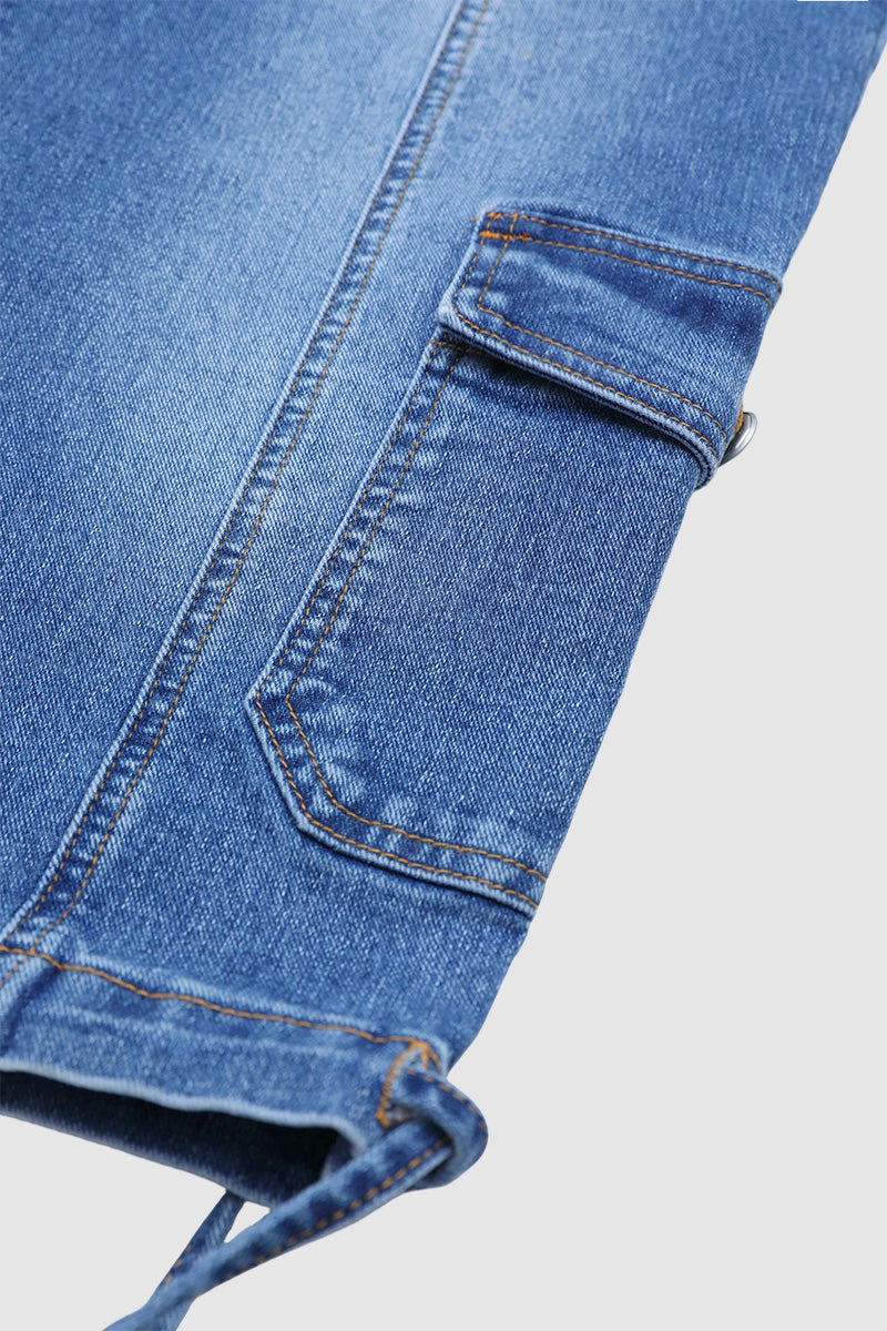 Wash Flap Pocket Drawstring Hem Mid Waist Straight Leg Capri Jeans
