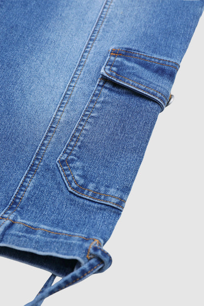 Wash Flap Pocket Drawstring Hem Mid Waist Straight Leg Capri Jeans