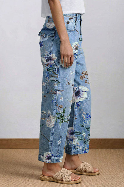 Wash Floral Print Flap Pocket Mid Rise Barrel Leg Crop Jeans