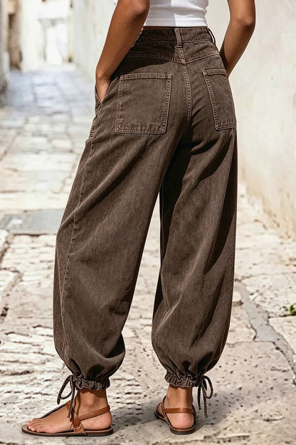 Solid Patch Pocket Drawstring Hem Mid Waist Cropped Wide Leg Pants