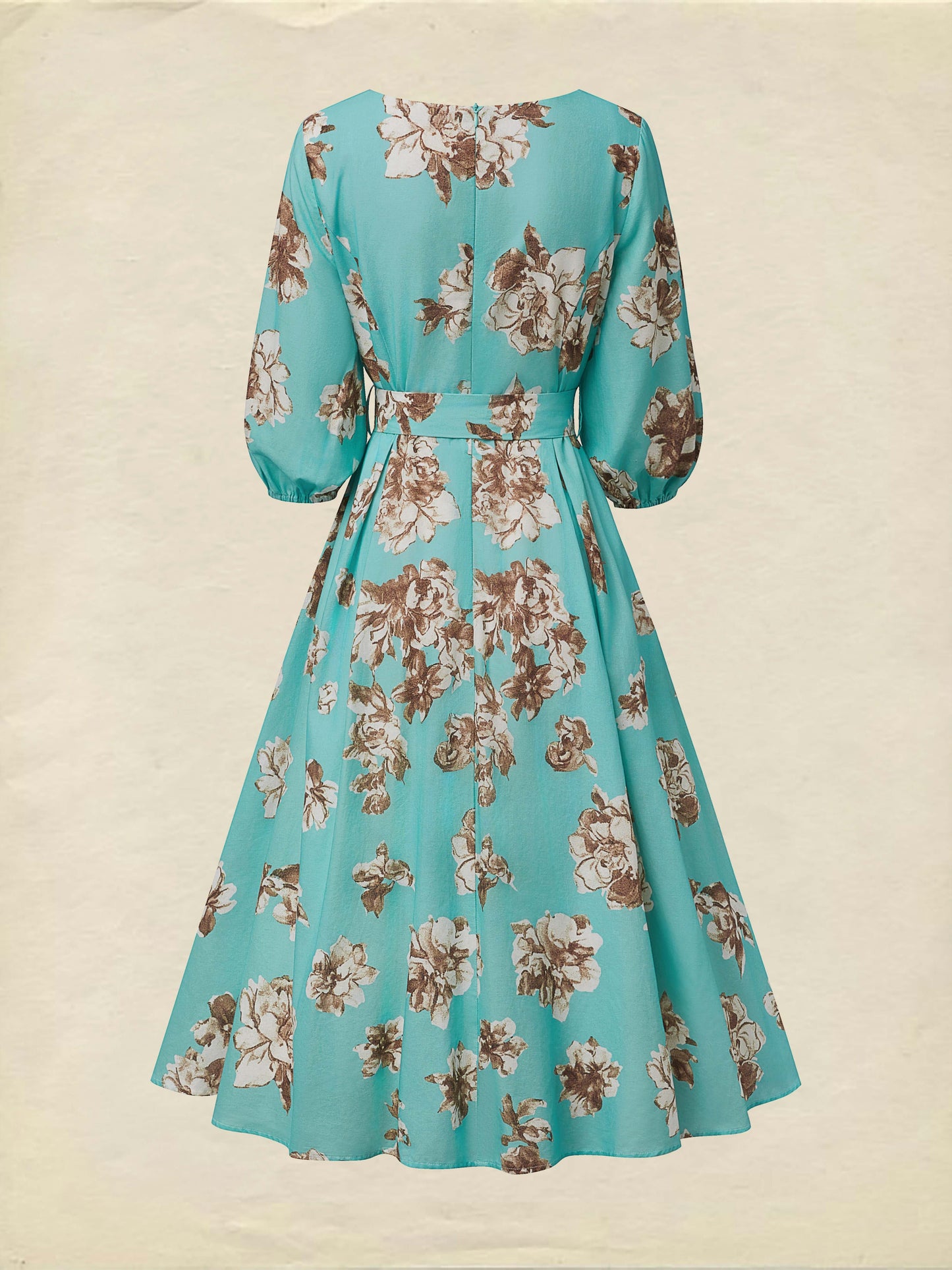 Robe midi en lin, manches courtes, col carré, motif floral, ceinture, vacances, style vintage, cyan