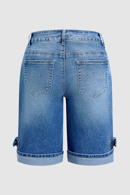 Wash Buckle Decor Roll Hem Mid Waist Denim Bermuda Shorts