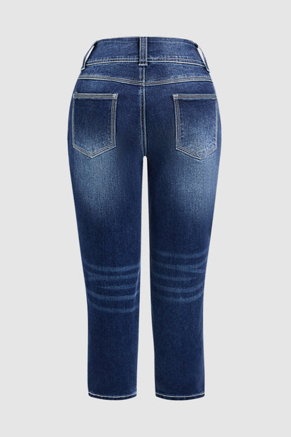 Wash Button Side Mid Waist Skinny Crop Jeans