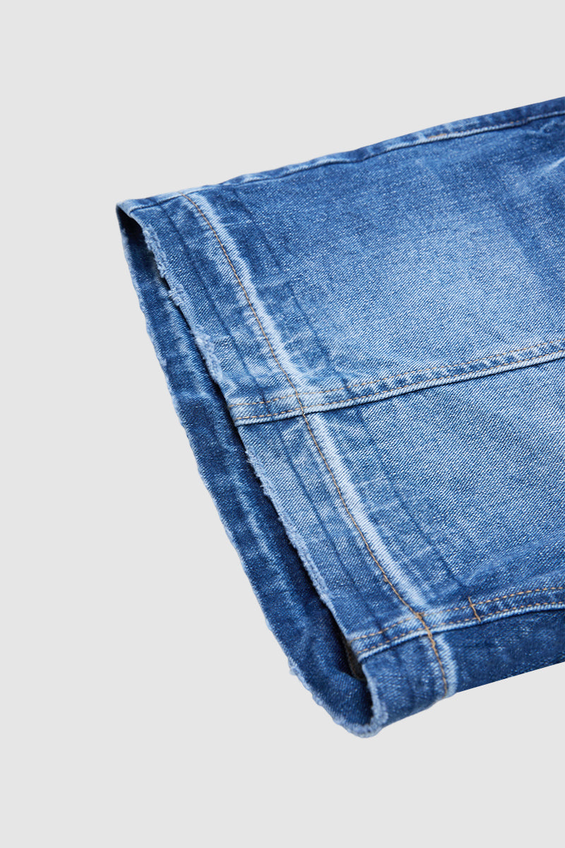 Wash Stitch Detail Mid Waist Denim Mid Thigh Shorts