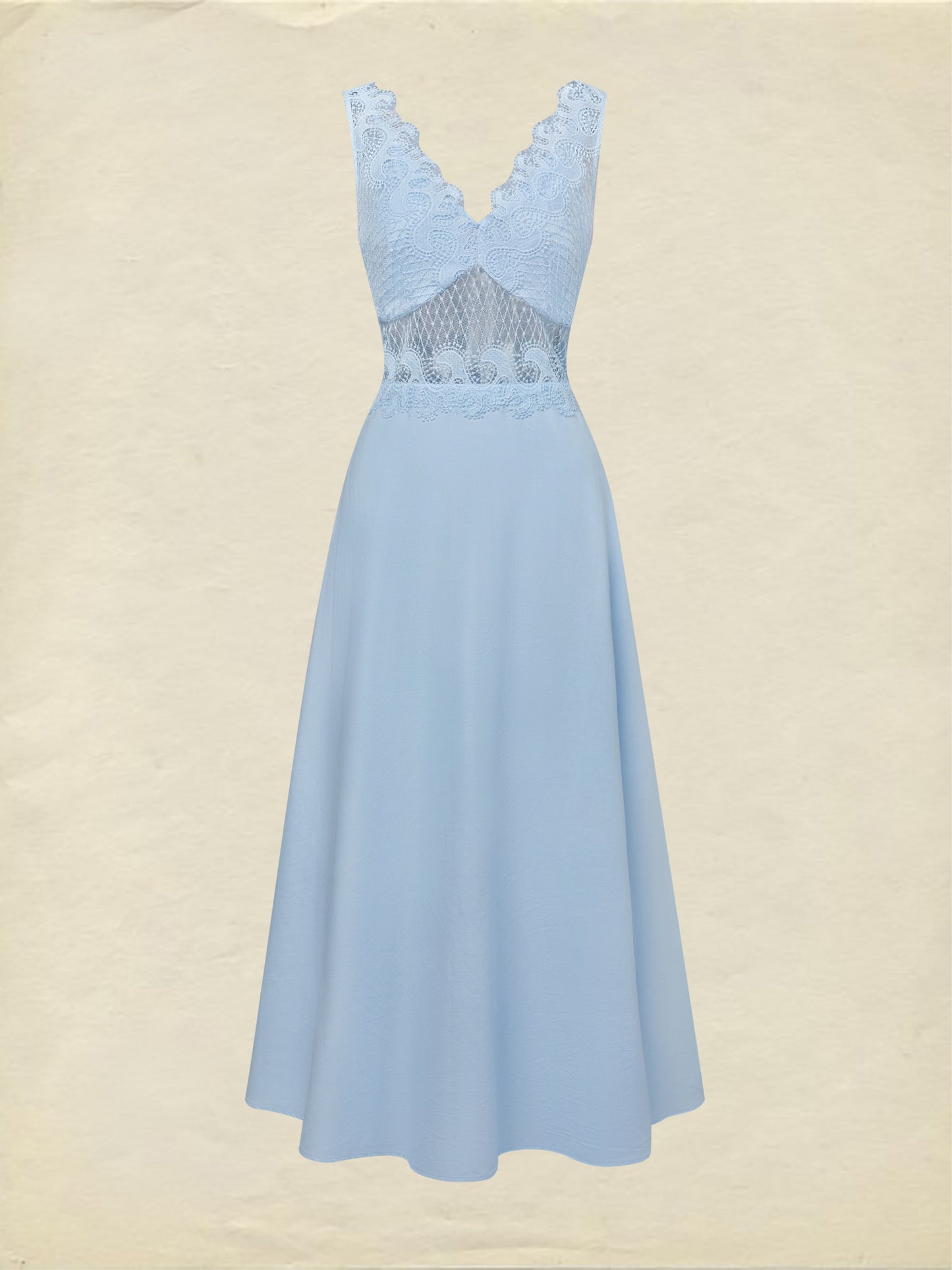 Robe longue en coton, sans manches, col en V, unie, dentelle, style vintage français, bleue