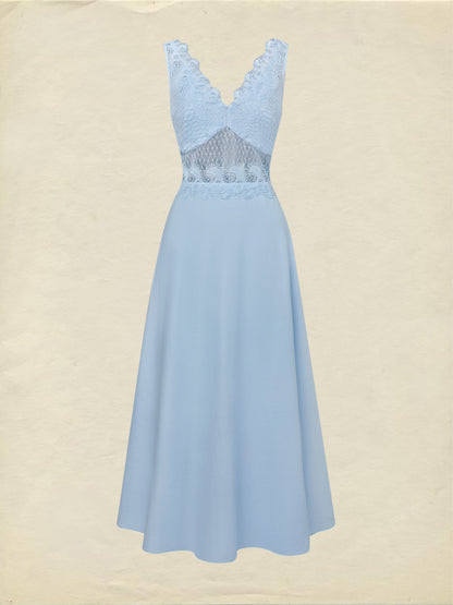 Robe longue en coton, sans manches, col en V, unie, dentelle, style vintage français, bleue