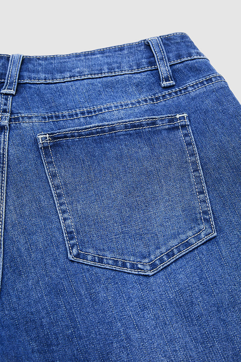 Wash Pleated High Rise Straight Leg Crop Jeans Without Belt