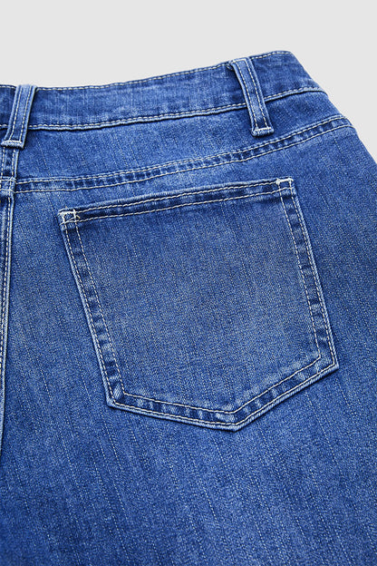 Wash Pleated High Rise Straight Leg Crop Jeans Without Belt