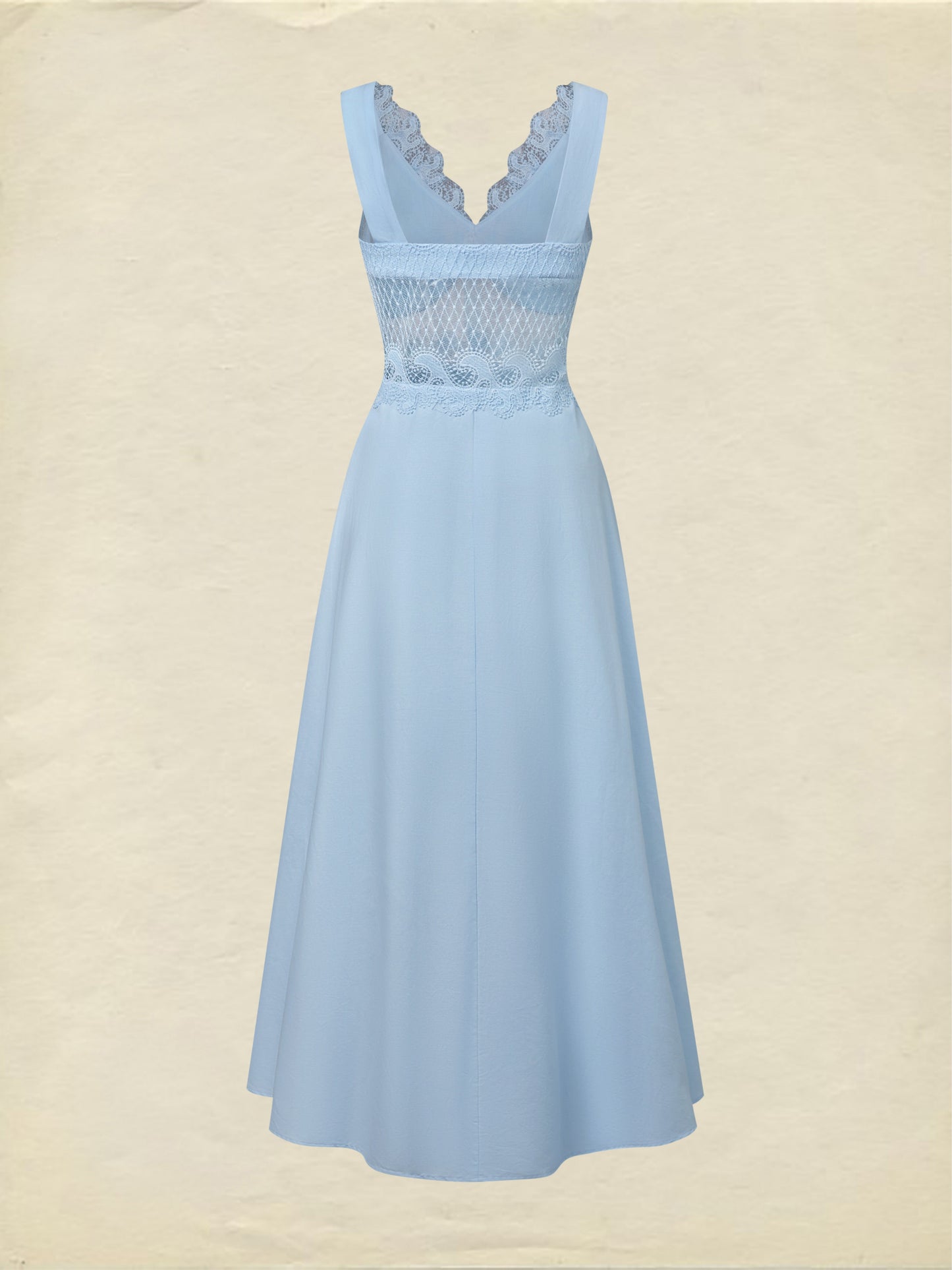 Robe longue en coton, sans manches, col en V, unie, dentelle, style vintage français, bleue