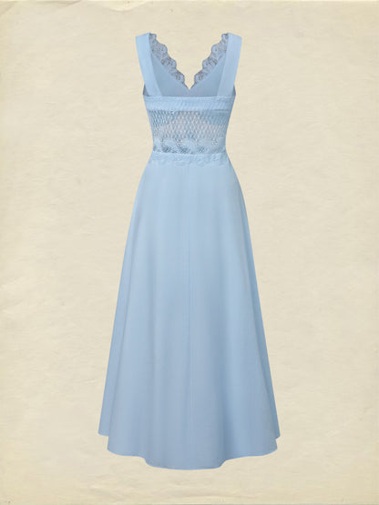 Robe longue en coton, sans manches, col en V, unie, dentelle, style vintage français, bleue
